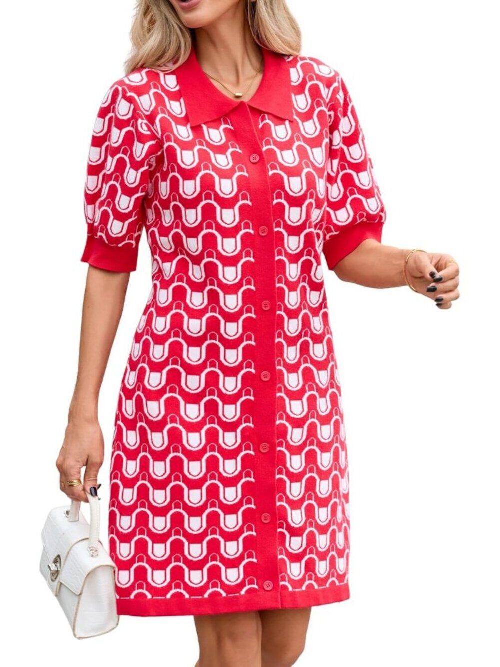 Cozy Jacquard Knit Mini Dress - Short Sleeve A-Line Tunic for Effortless Style
